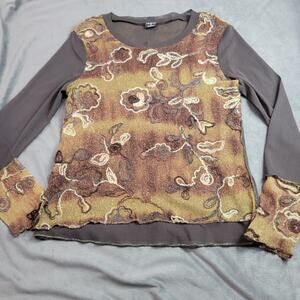 Tribal Shirt Womens Size Large Brown Comfort Stretch‎ Long Sleeve Sheer Blouse
